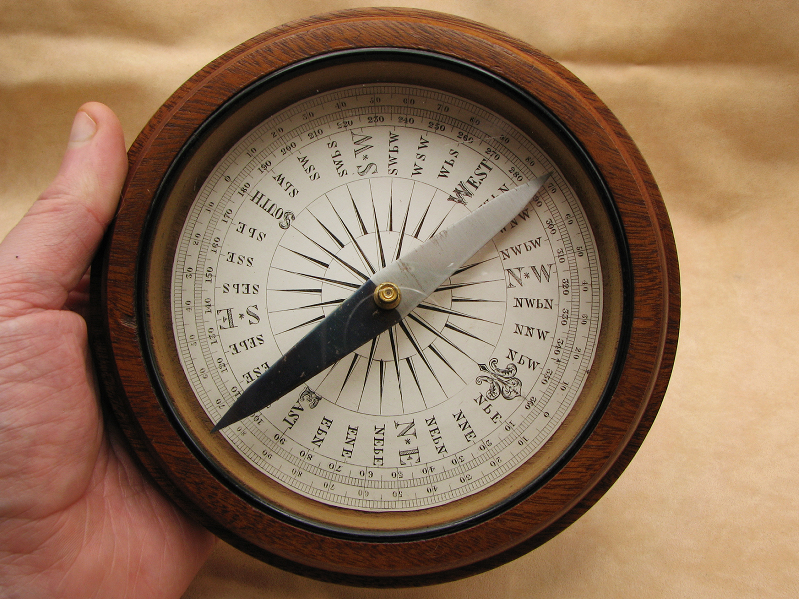 Late 19th century Francis Barker oak cased desktop compass
with Trademark London logo